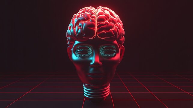Futuristic brain lightbulb, glowing head, 80s style, 3d render, mind