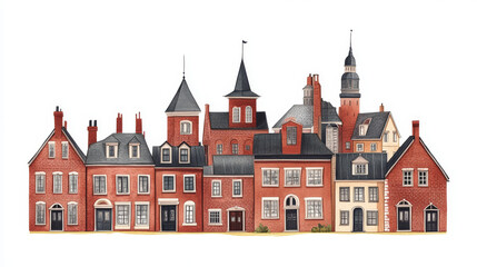 Fototapeta premium Urban retro colonial style building cartoon vector illustration. Old red brick residential and government buildings, Victorian houses isolated on white background