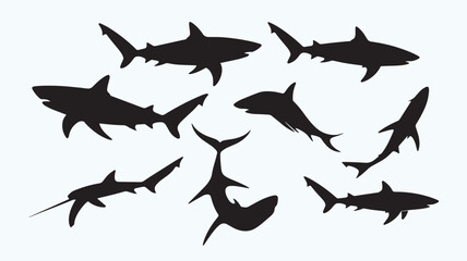 Minimalist Shark Silhouette Set – Vector Black Shark Icons on White Background