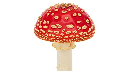 Obraz premium A bright red mushroom with white spots, known as the fly agaric, isolated on a white background.