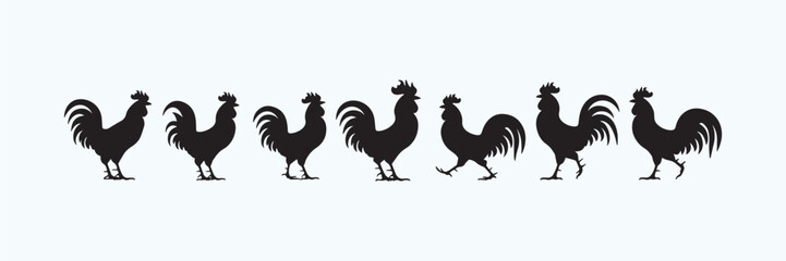 Fototapeta premium Minimalist Rooster Silhouette Vector Set – Black Rooster Clipart for Logos & Design