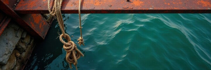 Fototapeta premium Overloaded rope hanging from a rusty metal beam with cracks and tears, snapped, breaking point, cracked