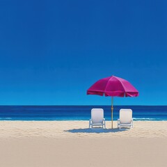Two elegant white lounge chairs resting under a vibrant purple beach umbrella on a sunny tranquil sandy beach scene