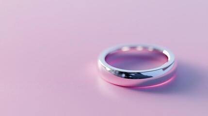 Polished silver band ring set on a light pink background with a soft pink glow