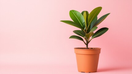 Obraz premium Potted plant with vibrant green leaves against a soft pink background