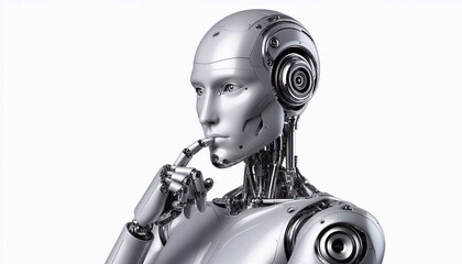 Humanoid silver robot thinking, side view, isolated on white background. Artificial intelligence development concept, AI technology