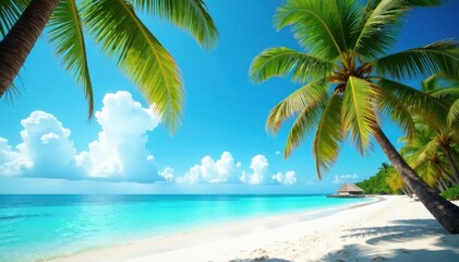 Palm trees sway in ocean breeze, with sandy beach and turquoise water, beach, sand