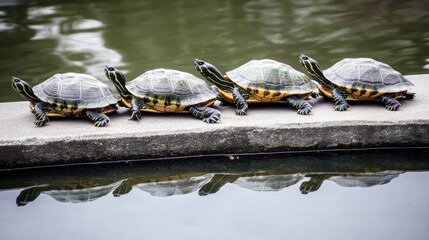 Obraz premium Four turtles basking on a concrete edge of a pond