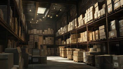 Fototapeta premium Warehouse storage interior with pallet and box. Full rack in store delivery stockroom. Distribution hangar building with crowded shelf of inventory in wood crate and cardboard package game panorama