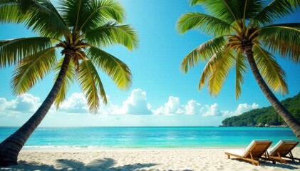 Palm trees swaying gently in warm ocean breeze, beach scenery, palm fronds