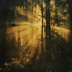 Obraz premium Magical forest scene with golden sunbeams piercing through trees, illuminating swirling dust particles or pollen in the air. Creates an ethereal, atmospheric mood.