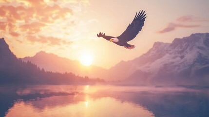 Fototapeta premium Majestic Eagle Soaring at Sunset over Serene Mountain Lake