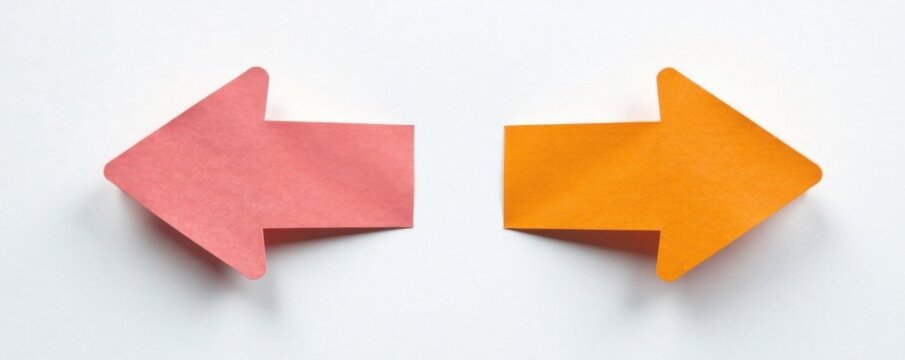 Paper arrows pointing in opposite directions on a white background with contrasting light and dark shadows, white, arrow, darkness