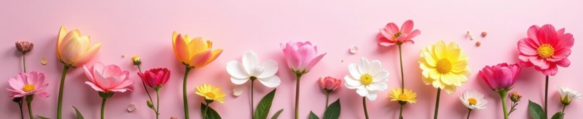 Fototapeta premium Pastel colors of spring flowers arranged in a decorative composition on a light-colored background, botanical illustrations, pastel colors