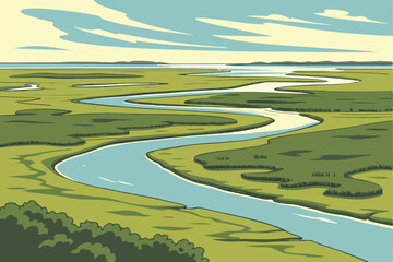 75 Aerial view, coastal wetland, meandering river, lush green marshes, scattered water pools, distant horizon, blue sky with wispy clouds, rich ecosystem, natural landscape, environmental conservation