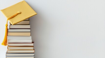 Graduation celebration with books and cap educational setting still life minimalist background inspirational theme