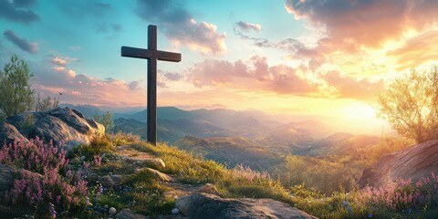 Obraz premium Sunset view of a wooden cross overlooking a tranquil valley with vibrant wildflowers and mountains in the background