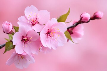 Fototapeta premium Blooming pink cherry blossom flowers on branch with pink background
