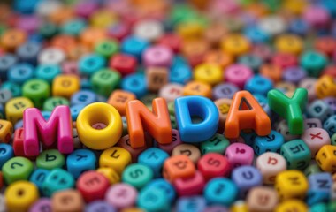Monday Word Spelled Out with Colorful Alphabet Beads on Background