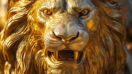 Close-up of a golden lion statue, roaring