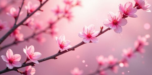Petals gently floating in a soft pink hue amidst blooming sakura branches , abstract, blossoms, delicate