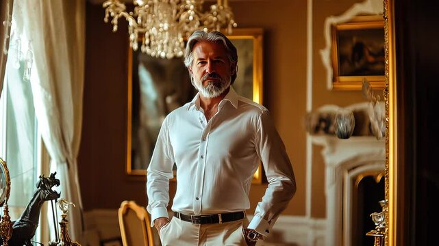 Elegant Senior Businessman Posing in a Classic Home Interior with Refined Decoration