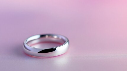 Shiny silver ring on soft, pastel pink fabric, illuminated by gentle light