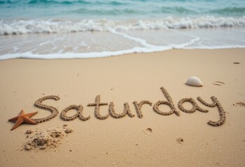 Saturday Message Written in Sand on Beach with Starfish and Shell
