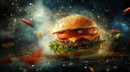 Flavorful burger creation with fresh ingredients and dramatic presentation in a vibrant setting