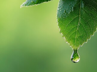 Fototapeta premium Leaf with Water Droplet Close-up Showing Reflection on Soft Green Background