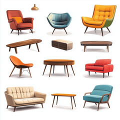 Collection of different stylish furniture on white background 