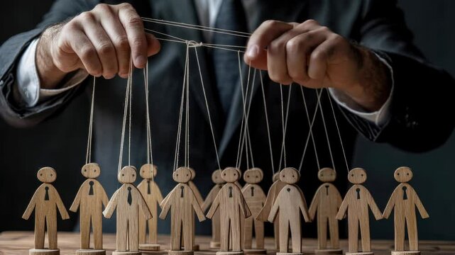 Business concept with a businessman controlling wooden puppet figures with strings, symbolizing corporate control and power.