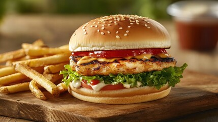 Perfectly grilled burger with fresh toppings served with crispy fries