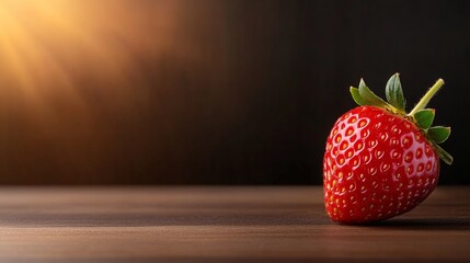 Single ripe strawberry with its green leaves on a dark wooden table