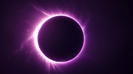 Solar eclipse circles showing moon covering sun on dark background. Glowing purple neon rings with bright luminous effects capture celestial phenomenon. Radiant circular shapes of astronomical event.