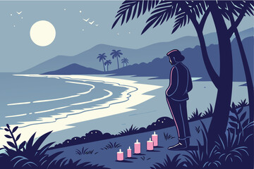 Obraz premium 77 Tranquil beach at twilight, lone figure silhouette, moonlight reflection on water, scattered candles on sandy shore, moody blue atmosphere, distant mountains, serene coastline, peaceful evening sce