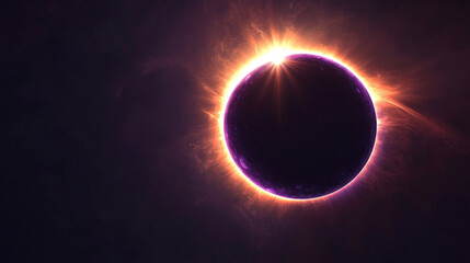 Solar eclipse circles showing moon covering sun on dark background. Glowing purple neon rings with bright luminous effects capture celestial phenomenon. Radiant circular shapes of astronomical event.