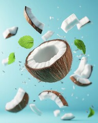 A coconut with mint leaves and coconut slices flying in the air, cut into pieces and placed on a blue background