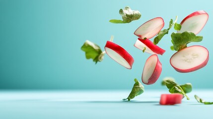 Sliced radishes and green leaves floating against a light blue background