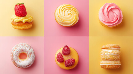 Bakery food banners, social media post templates. Square posters with sweet swirl buns and bakes on pink and yellow background, vector cartoon illustration