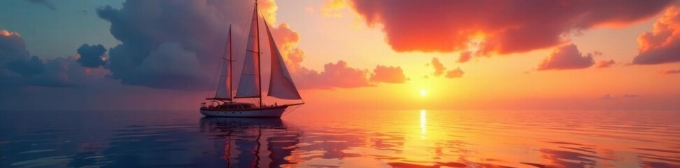 Fototapeta premium Sailing ship on calm sea with sunset in background, sunset, water, nautical