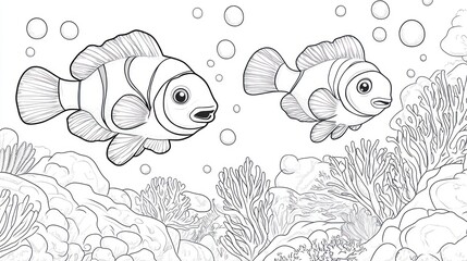 Two clownfish swim in coral reef, ocean bubbles background, coloring page
