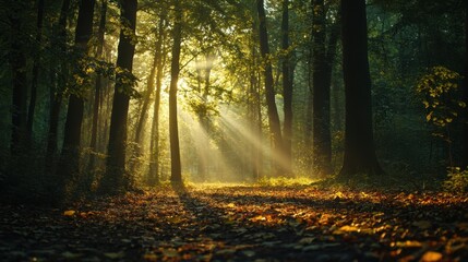 Sunlit Forest Path: A mystical forest scene with sunbeams streaming through towering trees, illuminating a path and creating a magical ambiance.