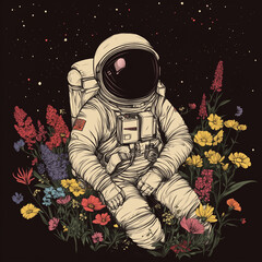Astronaut Sitting in Flowers Illustration. Outer Space and Floral Fantasy Art. Hand-Drawn Astronaut with Flowers