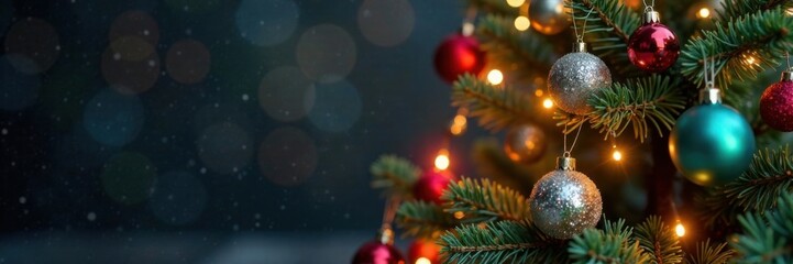 Fototapeta premium Simple and colorful Christmas tree with ornaments and lights, design element, snowflake