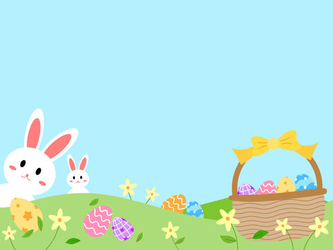 easter bunny with easter eggs border on blue background illustration vector decoration with easter eggs basket