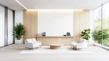 Modern minimalist waiting area with light wood accents