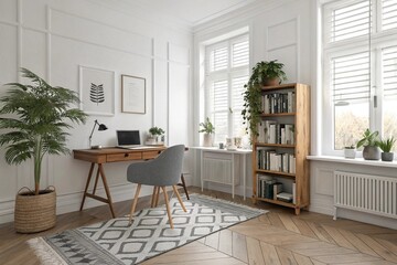 Bamboo bookstand and wooden desk for a chic interior design