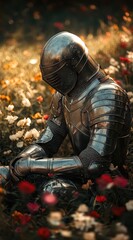 Fototapeta premium Medieval knight, armor, garden, flowers, sunset, pensive, history, stock photo