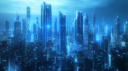 Fototapeta premium Abstract tech city skyline background. Vector realistic illustration of blue cityscape, modern building silhouettes and skyscrapers, futuristic communication technology, virtual reality, business